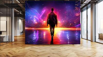 Watercolor scene of a futuristic fashion runway with glowing digital elements and sleek design, [modern runway], [fashion innovation] Wall mural